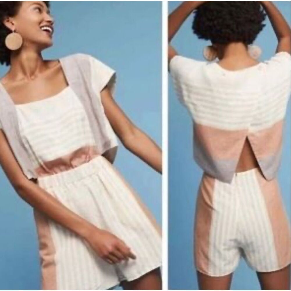 Anthropologie Colorblock Jumpsuit in White, Pink, and Gray